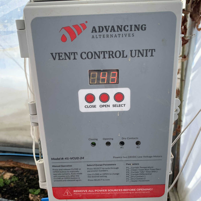 Advancing Alternatives 41-VCU2-24 Vent Control Unit with LED display and buttons for greenhouse climate automation.