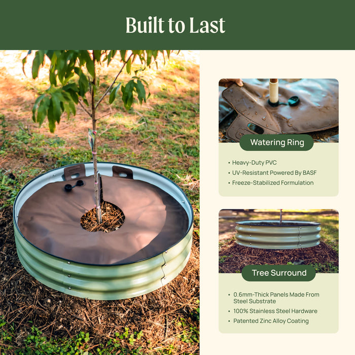 Green corrugated steel tree surround and heavy-duty PVC watering ring for young trees, highlighting durable plant care.