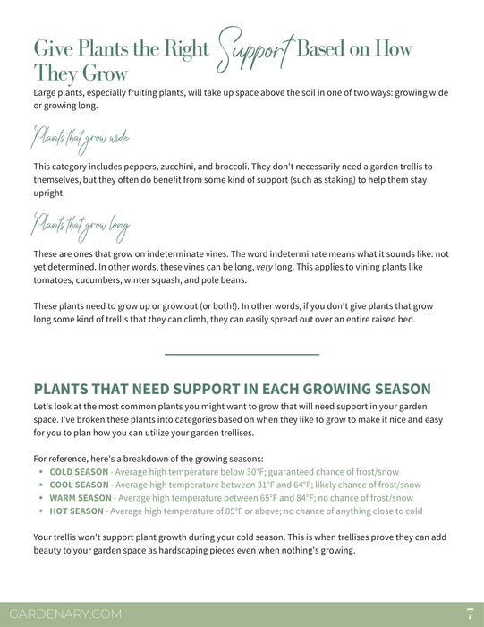 Gardening guide: Plant support for wide and long-growing plants, with seasonal tips for optimal garden growth. Gardenary.com.