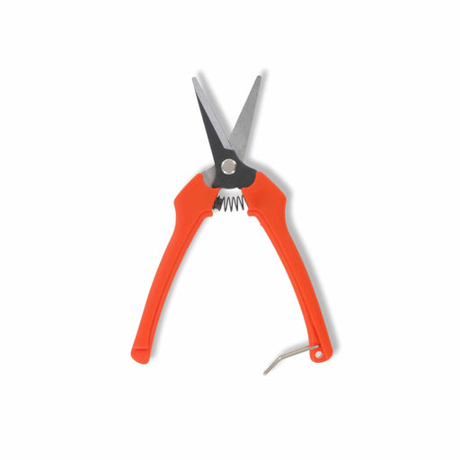 Vibrant orange garden pruning shears with sharp steel blades, spring-loaded action, and safety latch.