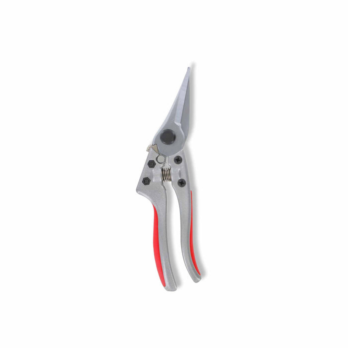 Silver bypass pruning shears with red handles, a versatile garden tool for trimming and cutting plants.