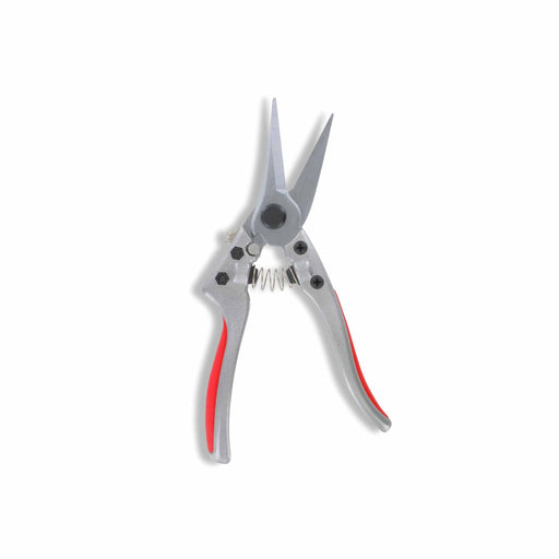 Silver and red gardening shears for precise pruning, trimming plants, and floral arrangements.