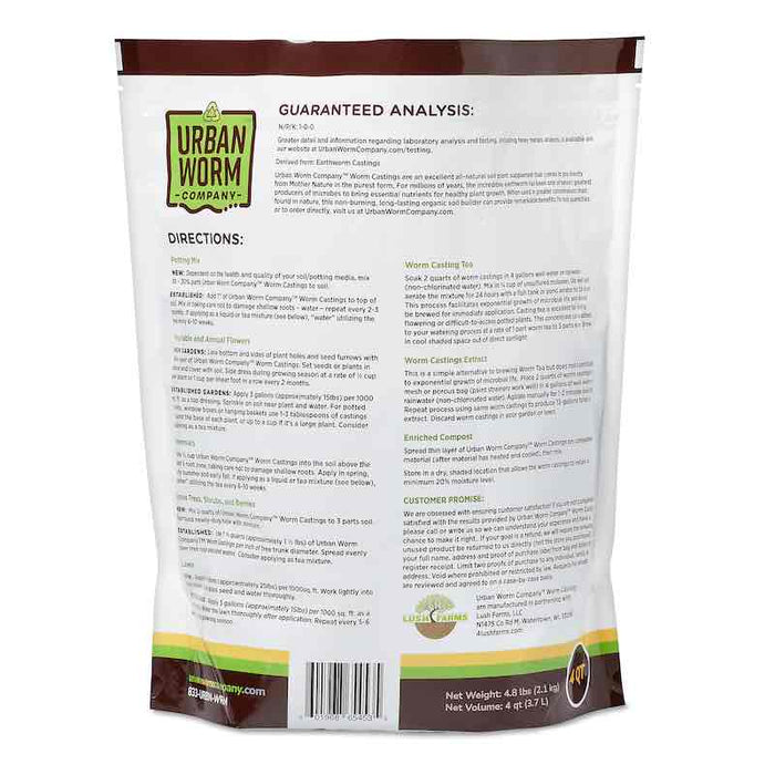 Urban Worm Company organic worm castings fertilizer bag, 4.8 lbs. Natural soil amendment for healthy plants & garden.