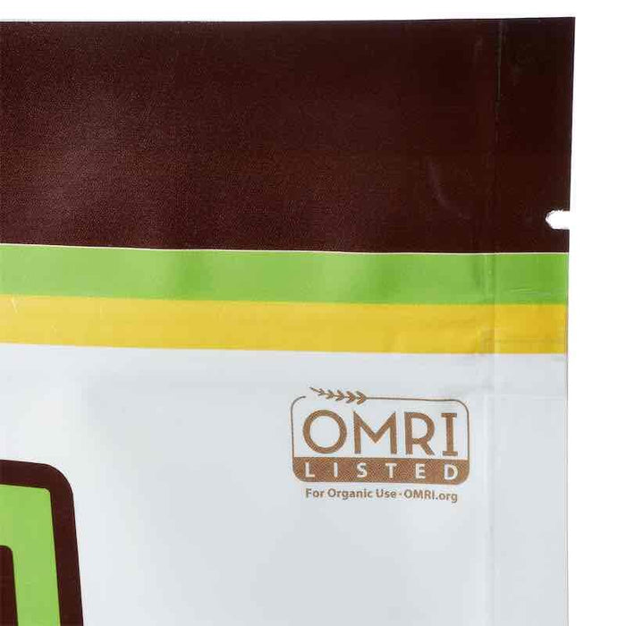 OMRI Listed certified organic packaging with brown, green, yellow, and white stripes.