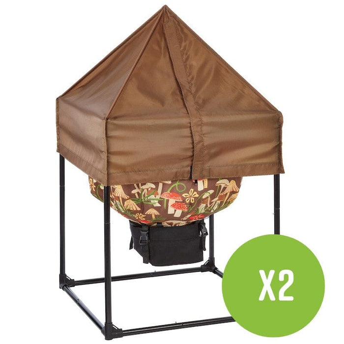 Two outdoor worm farm composters with brown canopies, mushroom fabric bins, and black stands.
