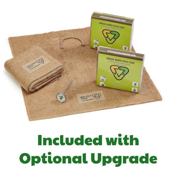 Urban Worm Co. coco coir soil amendment, worm bedding blanket, and compost thermometer for vermicomposting.