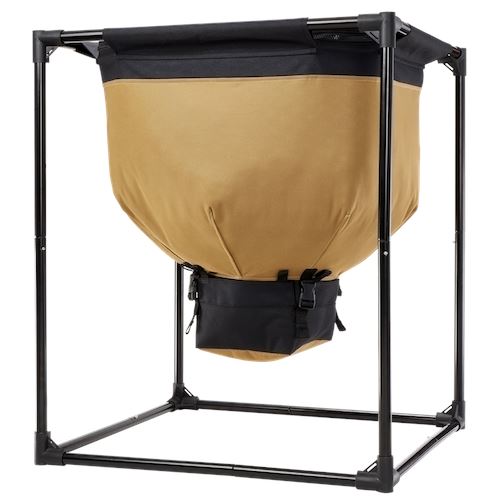 Foldable tan & black portable trash can on a sturdy metal frame. Outdoor waste bin for camping, events, or laundry.