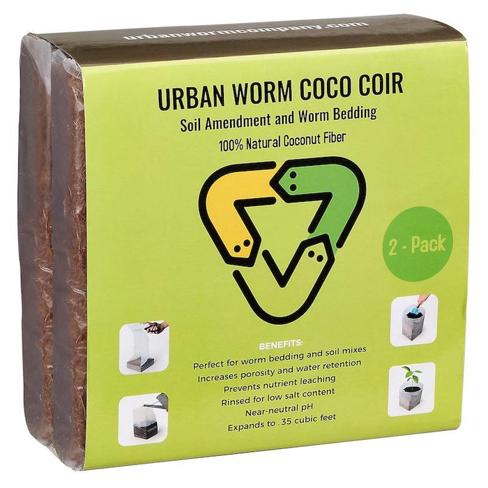 Urban Worm Coco Coir 2-pack, compressed block of 100% natural coconut fiber for soil amendment & worm bedding.
