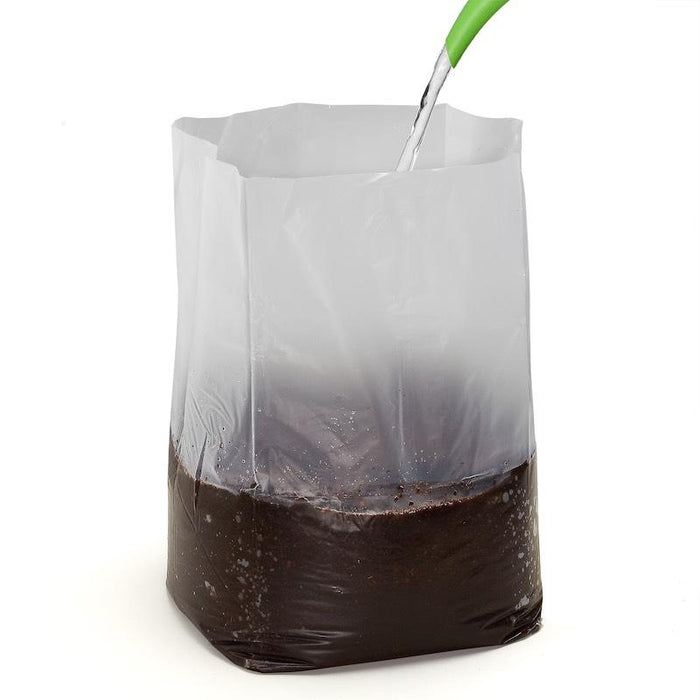 Watering potting mix in a clear plastic grow bag, ideal for seed starting and plant propagation.