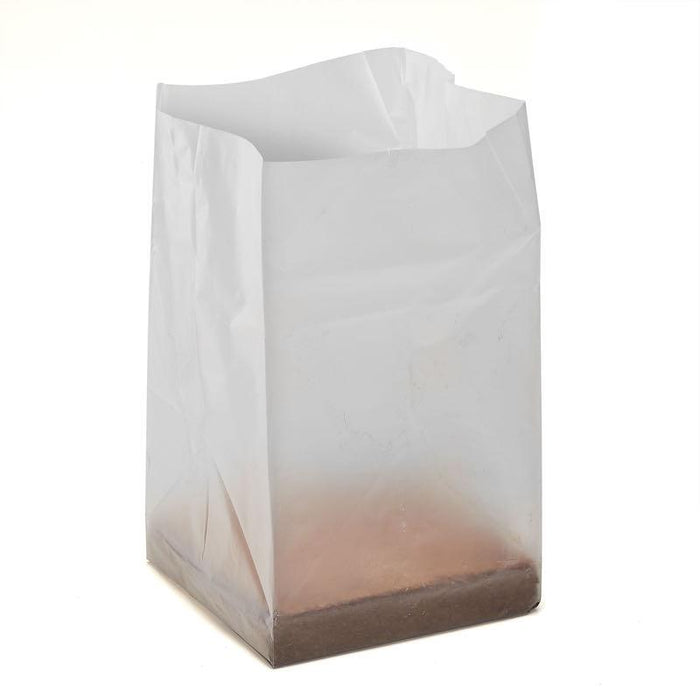 Translucent white paper grow bag with dark potting soil for seed starting.