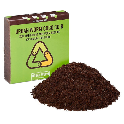 Urban Worm Coco Coir soil amendment block and natural coco fiber pile for worm bedding, gardening.