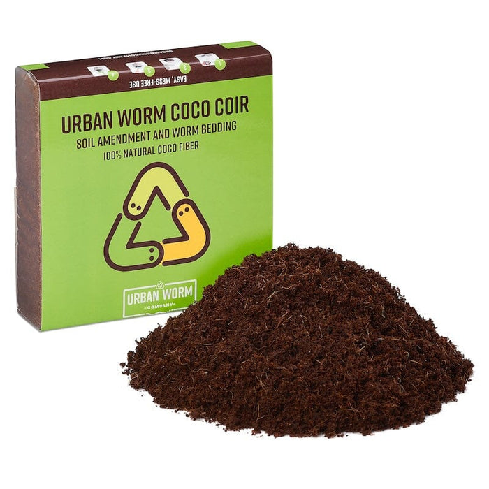 Urban Worm Coco Coir soil amendment block and natural coco fiber pile for worm bedding, gardening.