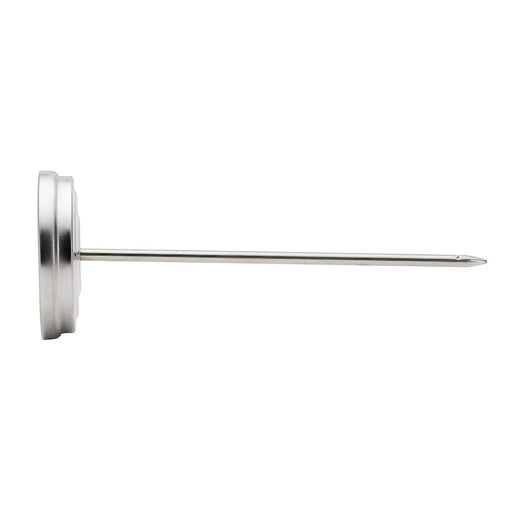 Stainless steel meat thermometer probe with round base and pointed tip. Essential for cooking and food safety.
