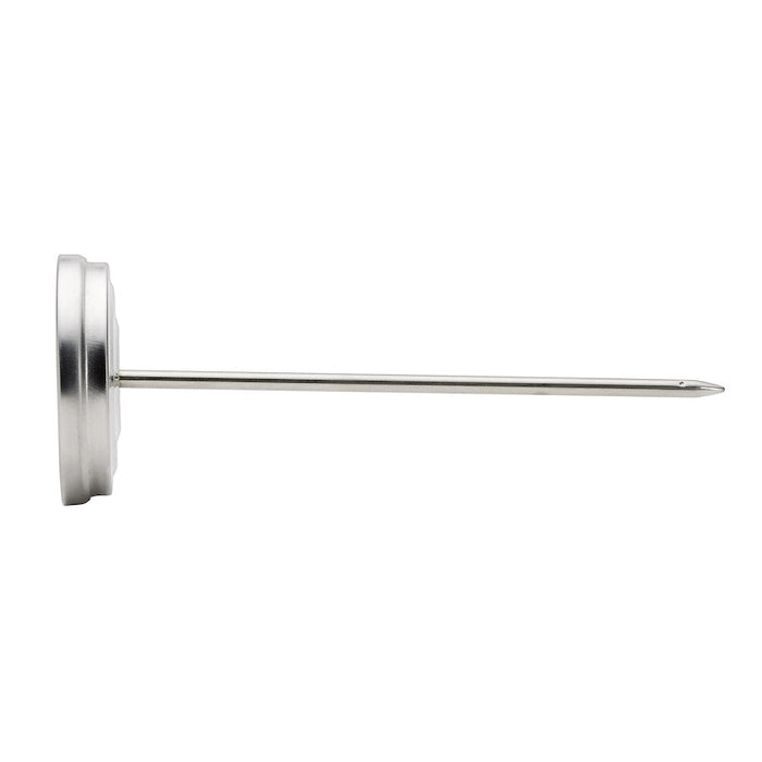 Stainless steel meat thermometer probe with round base and pointed tip. Essential for cooking and food safety.