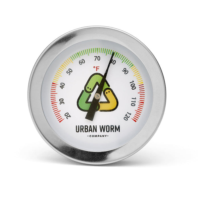 Urban Worm Company compost thermometer with worm recycling symbol, showing 80°F. Ideal vermicomposting temperature.