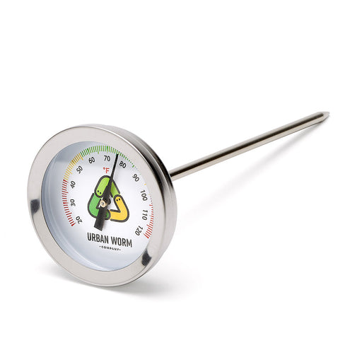 Urban Worm Company stainless steel compost thermometer. Measures soil temperature for optimal composting, showing 75°F.
