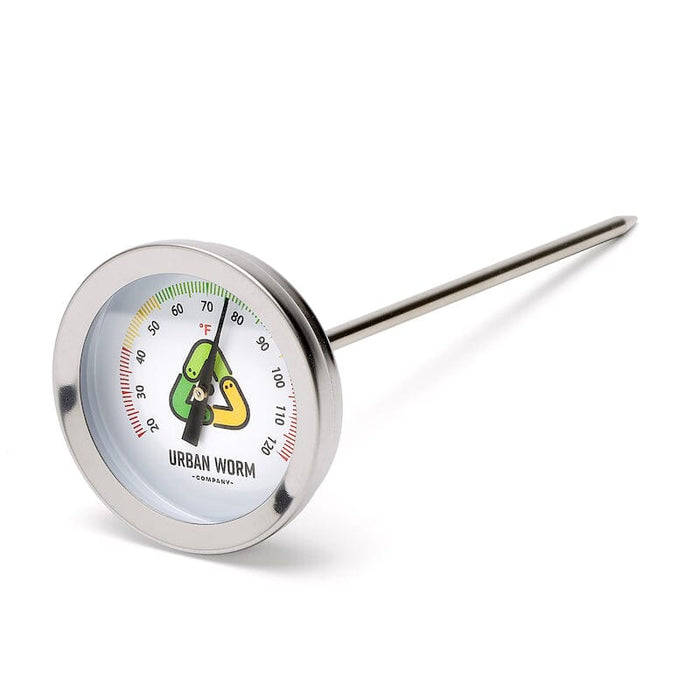 Compost thermometer with long probe, showing optimal green zone for Urban Worm vermicomposting.