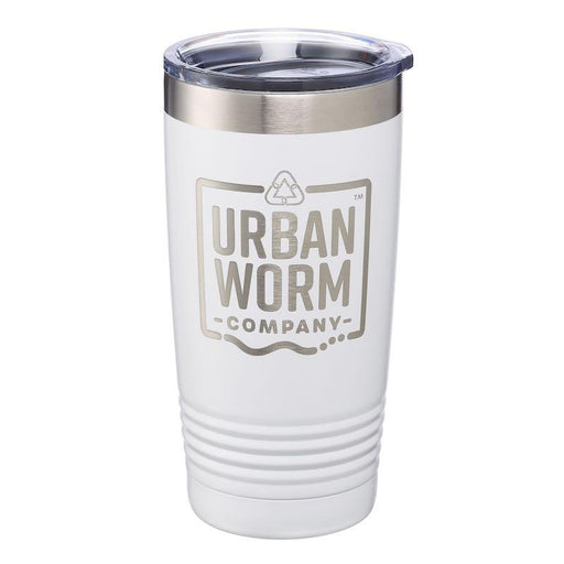 White custom branded insulated tumbler with Urban Worm Company logo, recycling symbol, and silver lid.