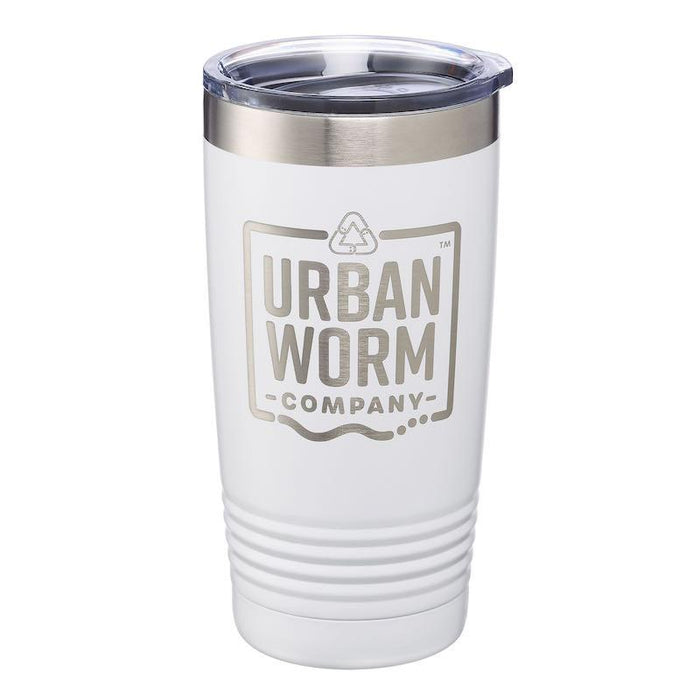 White custom branded insulated tumbler with Urban Worm Company logo, recycling symbol, and silver lid.