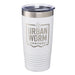 White custom branded insulated tumbler with Urban Worm Company logo, recycling symbol, and silver lid.