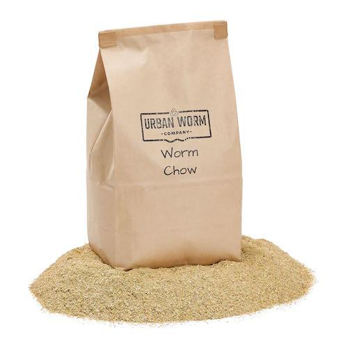 Urban Worm Company Worm Chow bag. Granular worm food for vermicomposting, promoting healthy compost.
