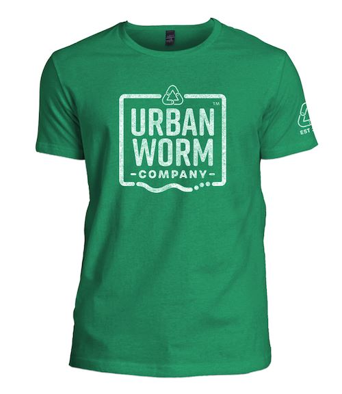 Green t-shirt featuring Urban Worm Company logo with recycling symbol. Eco-friendly vermicomposting apparel.