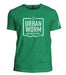 Green t-shirt featuring Urban Worm Company logo with recycling symbol. Eco-friendly vermicomposting apparel.