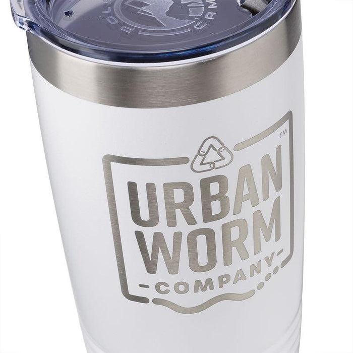 White insulated tumbler, Urban Worm Company logo with recycling symbol, clear lid. Reusable, sustainable drinkware.