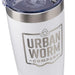 White insulated tumbler, Urban Worm Company logo with recycling symbol, clear lid. Reusable, sustainable drinkware.