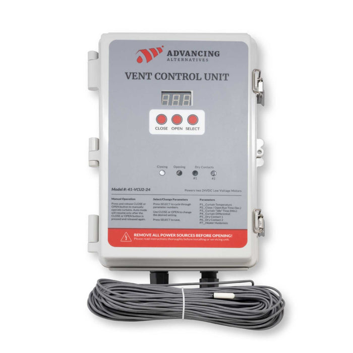 Advancing Alternatives 41-VCU2-24 Vent Control Unit. Digital display, close/open/select buttons, indicator lights, and sensor cable.