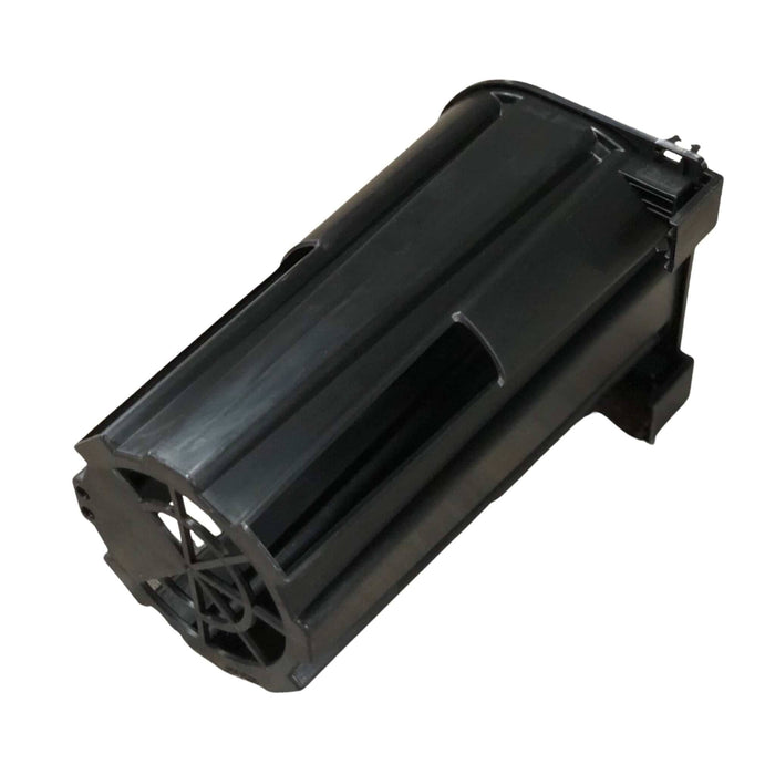 Black plastic blower wheel, ribbed cylindrical design, grid end. HVAC, automotive, industrial fan part.