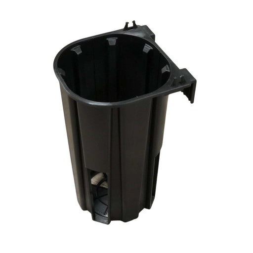 Black plastic cylindrical dispenser with mounting tabs, internal supports, and bottom opening for rolled items.