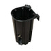 Black plastic cylindrical dispenser with mounting tabs, internal supports, and bottom opening for rolled items.