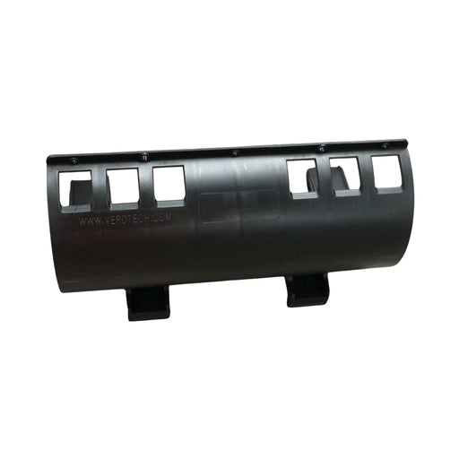 Black Verdtech plastic cable management conduit with square ports, mounting feet. Patent pending.