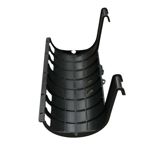 Durable black plastic semi-circular cable management cover with internal grid, slotted vents, and mounting hooks.