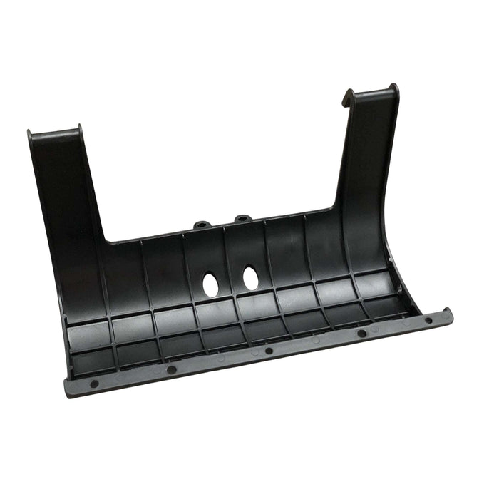 Black plastic support base, curved with grid pattern, two upright arms, and mounting holes. Durable component.