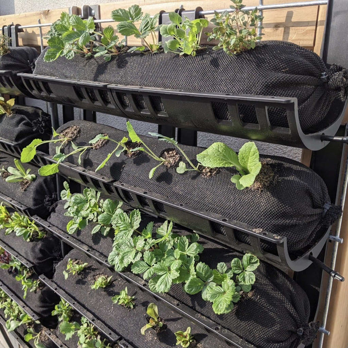 Vertical wall garden with tiered black fabric planters growing strawberries, leafy greens, and herbs.