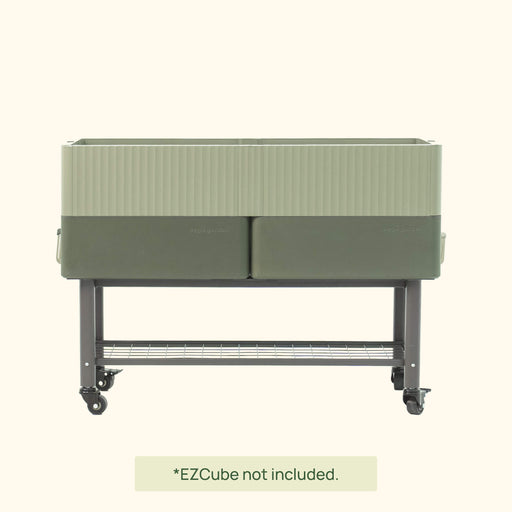 Vego Garden sage & olive green raised garden bed on a mobile stand with casters and wire shelf for container gardening.