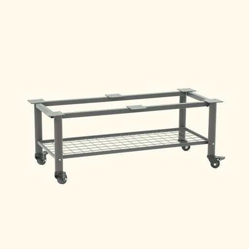 Dark gray metal rolling stand with top mounts, wire mesh storage shelf, and locking casters.