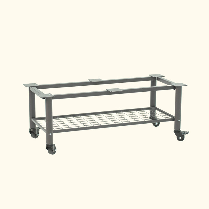Dark gray metal rolling stand with top mounts, wire mesh storage shelf, and locking casters.
