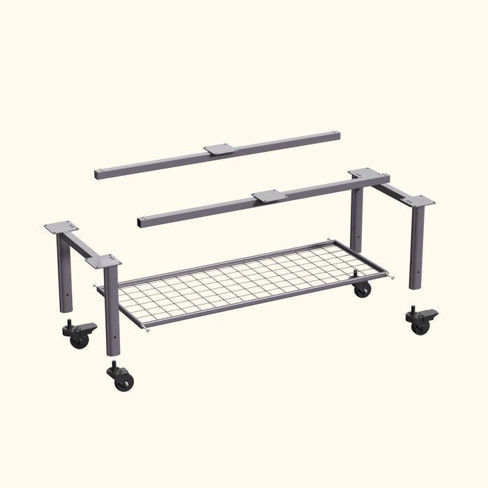 Gray metal modular utility cart frame components with wire shelf and locking casters, ready for assembly.