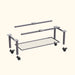Gray metal modular utility cart frame components with wire shelf and locking casters, ready for assembly.