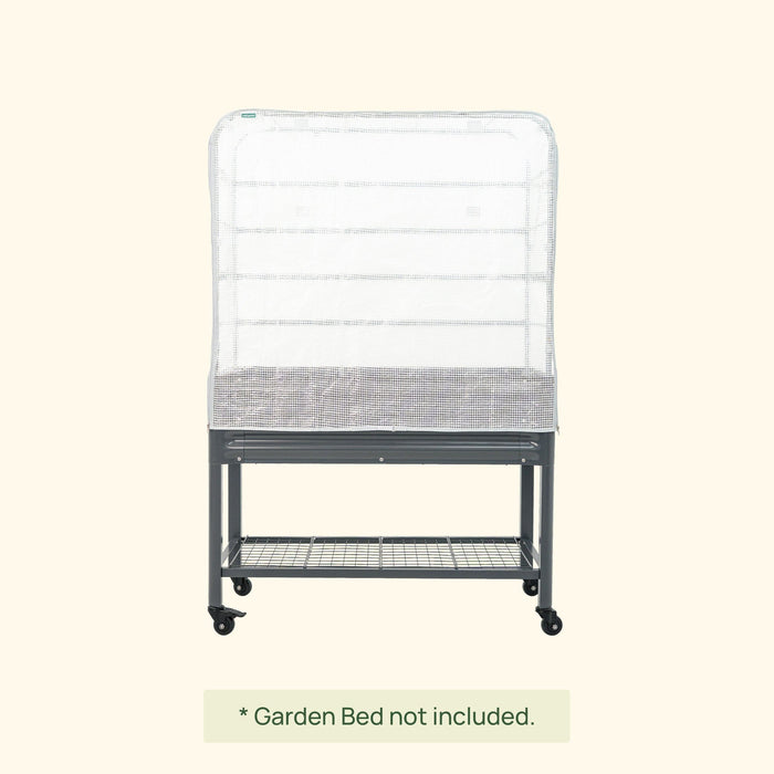 Portable raised garden bed stand with white mesh protective cover, lower shelf, and casters.
