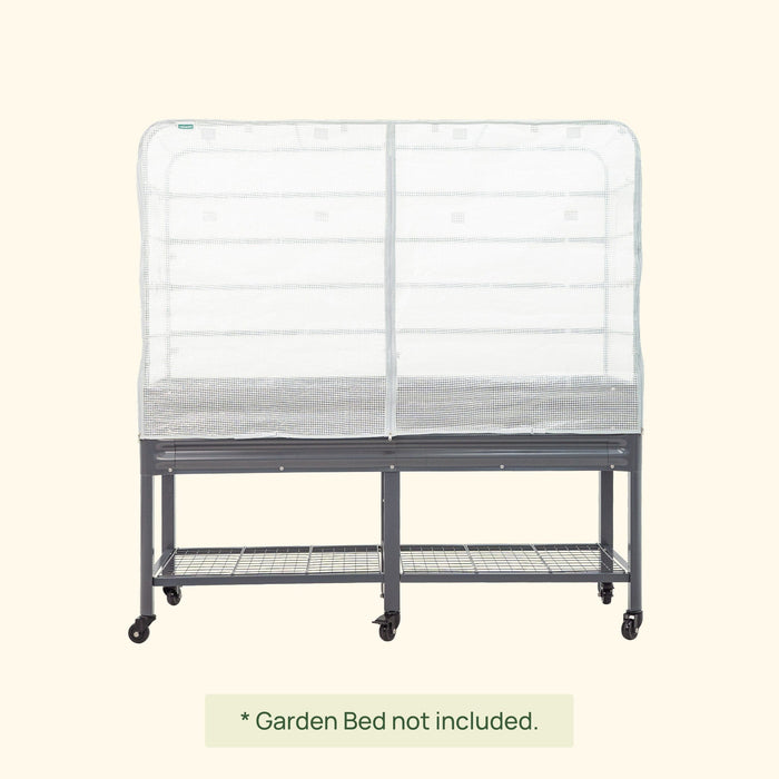 Mobile metal garden stand with white mesh greenhouse cover, zippered front, and lower wire shelf on casters.