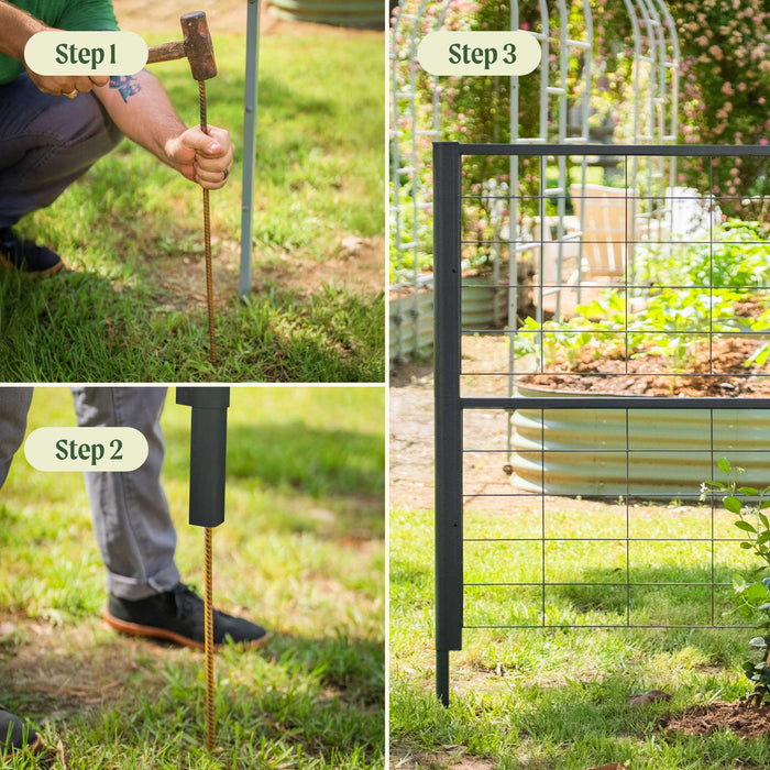 Step-by-step garden fence installation: driving rebar stakes, then attaching black metal grid panels around a raised garden bed.