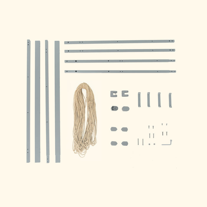 Assembly kit: grey metal rails, natural rope, plastic connectors, and screws. Ideal for DIY shelving or a plant hanger.