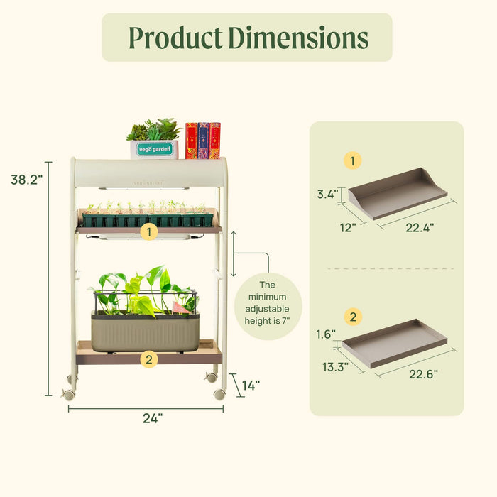 Vego Garden 2-tier indoor plant stand with grow lights. Dimensions: 38.2"H x 24"W, adjustable shelves, and tray sizes.