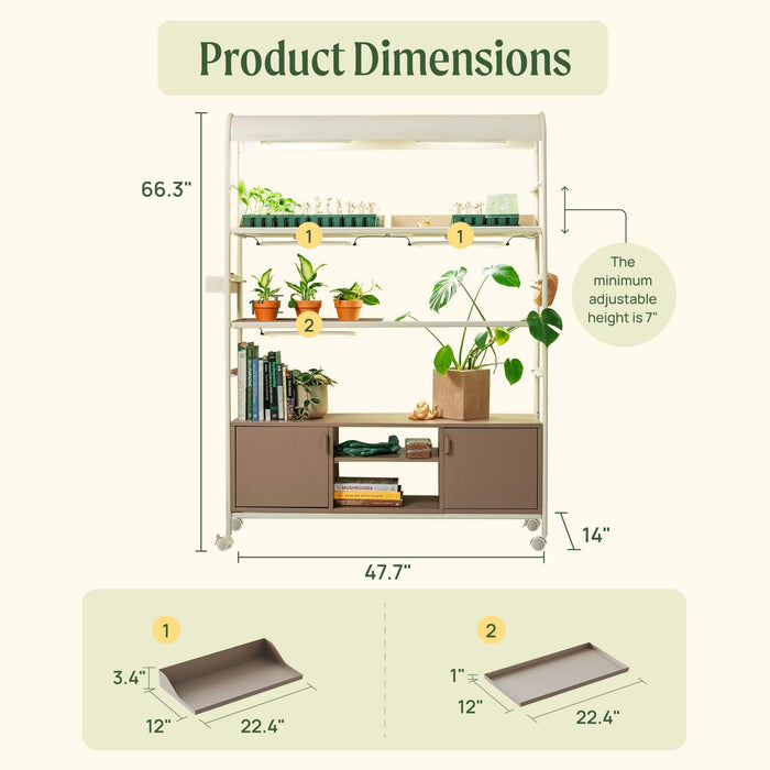 Indoor plant stand with LED grow lights and storage cabinet. Dimensions: 66.3" H x 47.7" W. Adjustable shelves for plants.