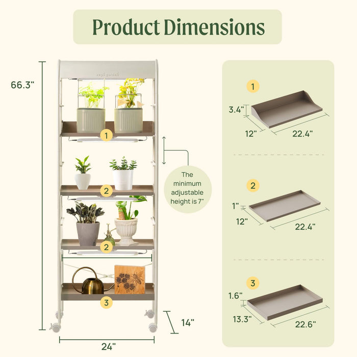 Vego Garden 5-tier indoor plant stand with LED grow lights, adjustable shelves, wheels. Dimensions: 66.3"H x 24"W x 14"D.