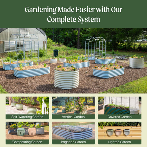 Diverse metal raised garden beds: self-watering, vertical, covered, composting, irrigation, lighted. Complete gardening system.